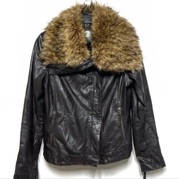 Bod Christensen Brown Leather Moto Jacket with Faux Fur Wide Collar M - Picture 2 of 13
